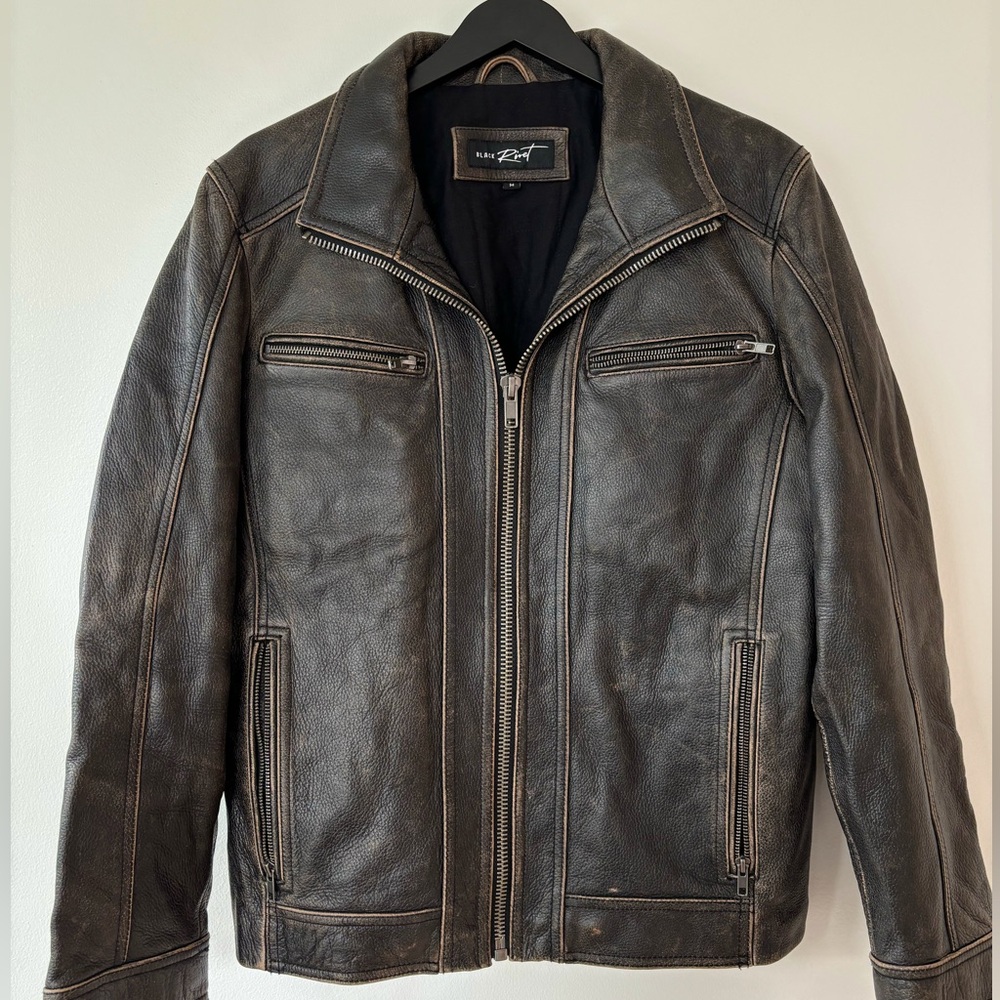 Men’s Black Rivet Distressed Faded Brown Real Leather Jacket Size Medium M